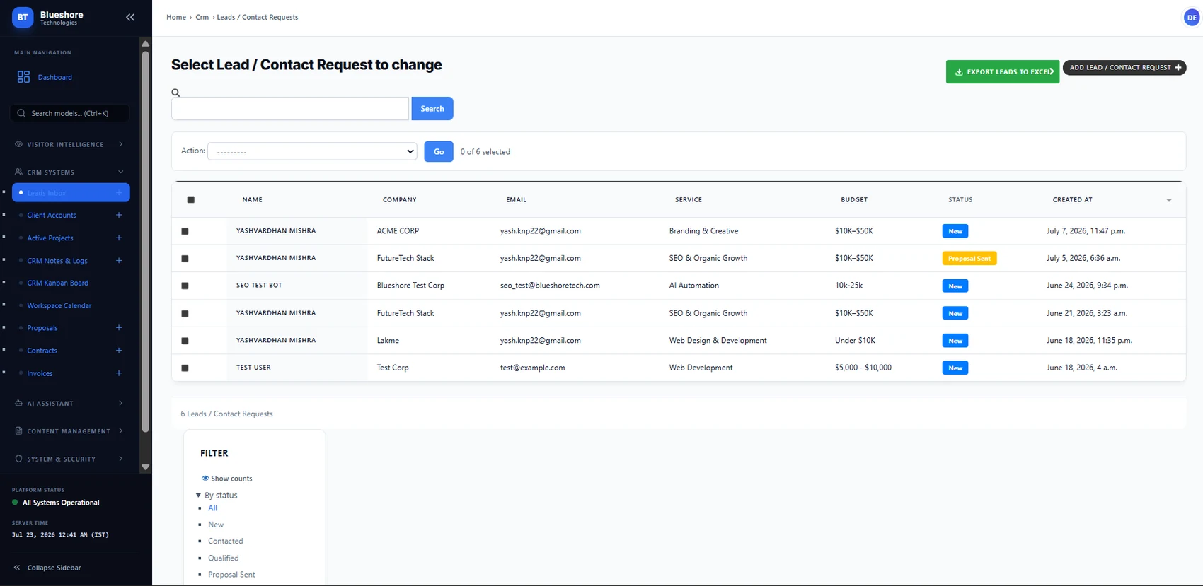 CRM leads inbox listing contact requests with company, service, budget and status columns