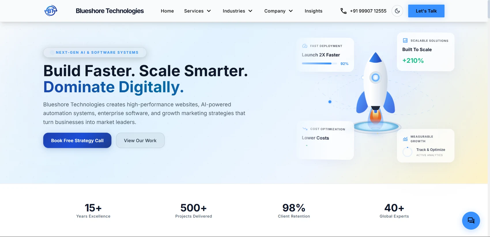 Blueshore Technologies marketing homepage with hero, stats and floating capability cards